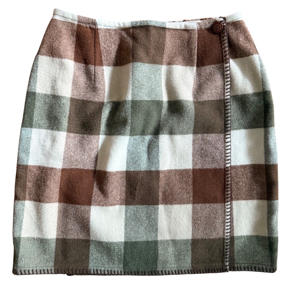 Ann Taylor Vintage Wool Blend Plaid‎ Wrap Skirt Brown Green Medium Preppy